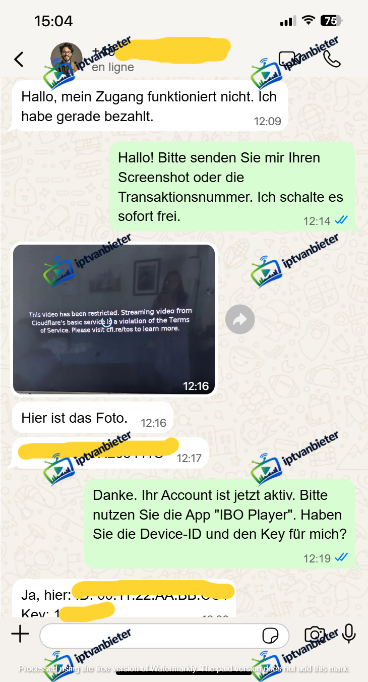 WhatsApp IPTV Anbieter Problem gel&ouml;st und Zugang aktiviert